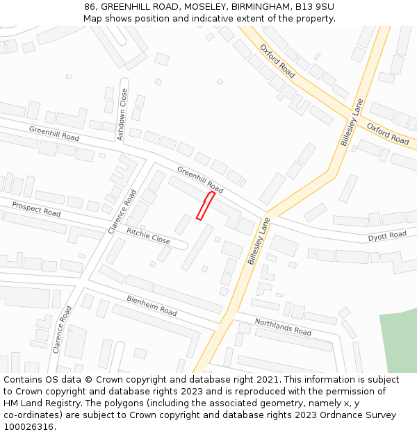 86, GREENHILL ROAD, MOSELEY, BIRMINGHAM, B13 9SU: Location map and indicative extent of plot