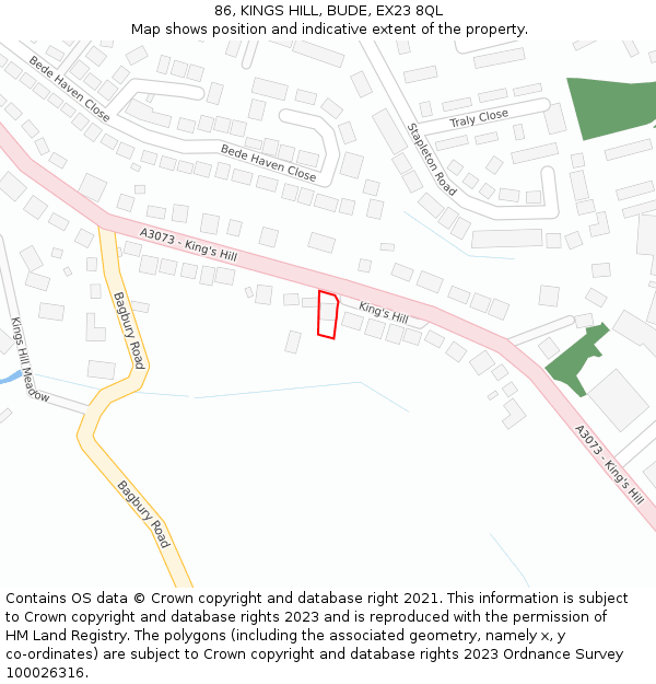 86, KINGS HILL, BUDE, EX23 8QL: Location map and indicative extent of plot