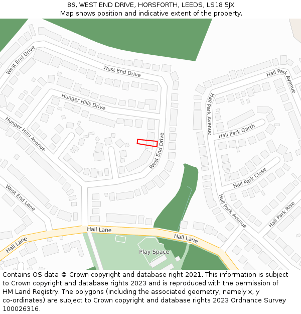 86, WEST END DRIVE, HORSFORTH, LEEDS, LS18 5JX: Location map and indicative extent of plot