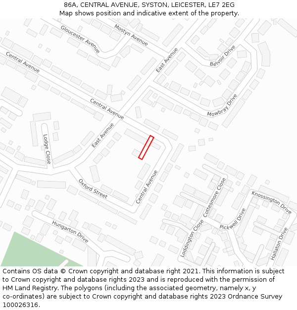 86A, CENTRAL AVENUE, SYSTON, LEICESTER, LE7 2EG: Location map and indicative extent of plot