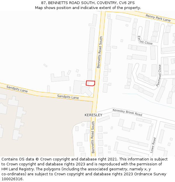 87, BENNETTS ROAD SOUTH, COVENTRY, CV6 2FS: Location map and indicative extent of plot