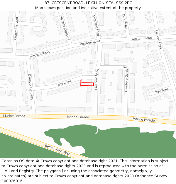 87, CRESCENT ROAD, LEIGH-ON-SEA, SS9 2PG: Location map and indicative extent of plot