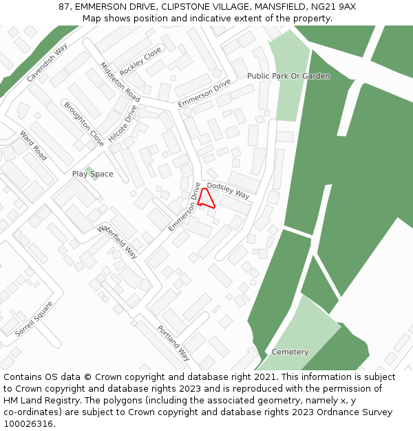 87, EMMERSON DRIVE, CLIPSTONE VILLAGE, MANSFIELD, NG21 9AX: Location map and indicative extent of plot