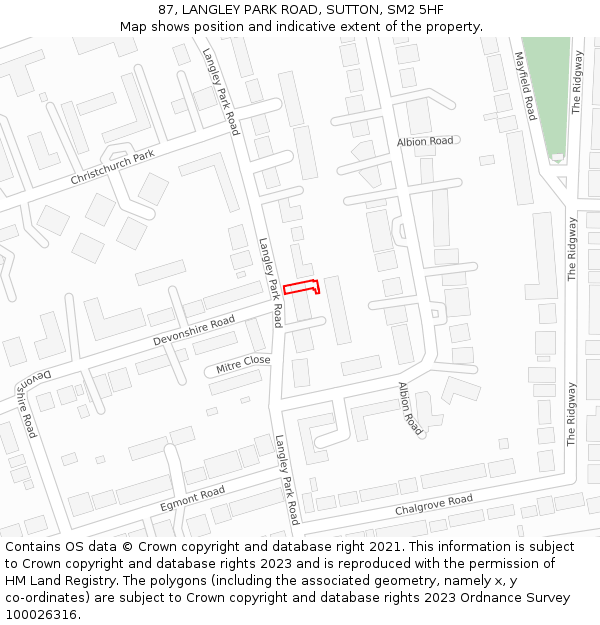 87, LANGLEY PARK ROAD, SUTTON, SM2 5HF: Location map and indicative extent of plot