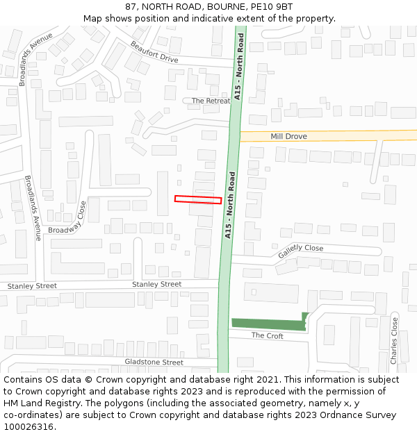 87, NORTH ROAD, BOURNE, PE10 9BT: Location map and indicative extent of plot