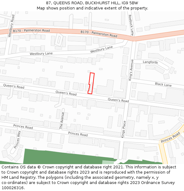 87, QUEENS ROAD, BUCKHURST HILL, IG9 5BW: Location map and indicative extent of plot