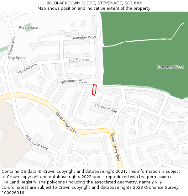 88, BLACKDOWN CLOSE, STEVENAGE, SG1 6AX: Location map and indicative extent of plot