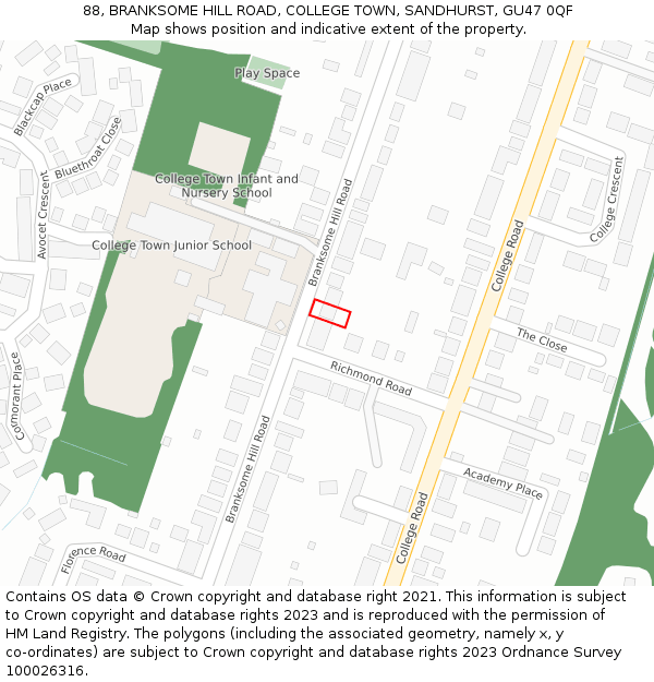 88, BRANKSOME HILL ROAD, COLLEGE TOWN, SANDHURST, GU47 0QF: Location map and indicative extent of plot