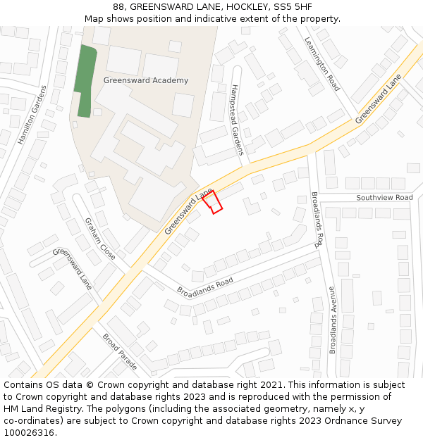 88, GREENSWARD LANE, HOCKLEY, SS5 5HF: Location map and indicative extent of plot