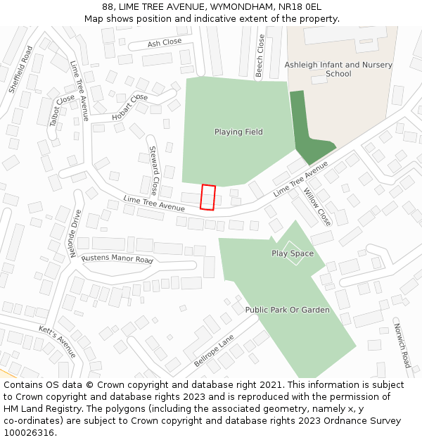 88, LIME TREE AVENUE, WYMONDHAM, NR18 0EL: Location map and indicative extent of plot