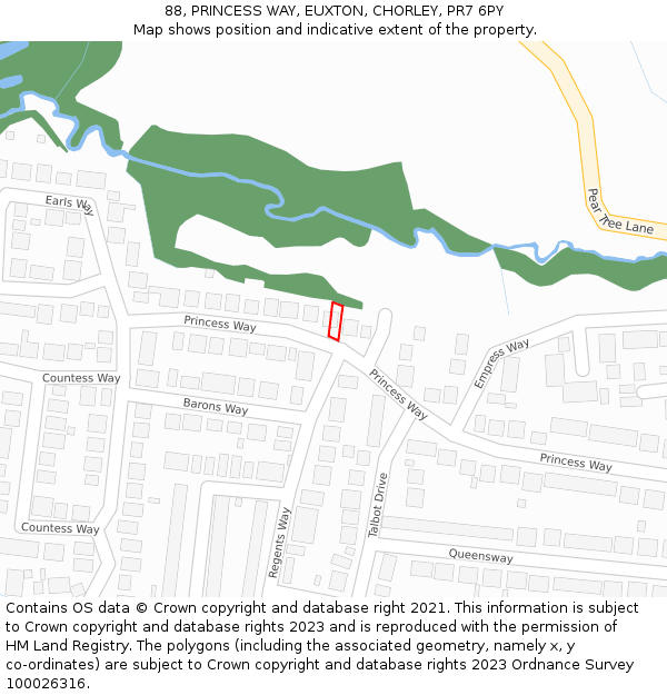 88, PRINCESS WAY, EUXTON, CHORLEY, PR7 6PY: Location map and indicative extent of plot