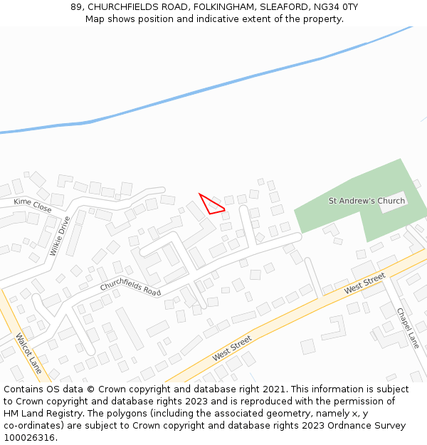 89, CHURCHFIELDS ROAD, FOLKINGHAM, SLEAFORD, NG34 0TY: Location map and indicative extent of plot