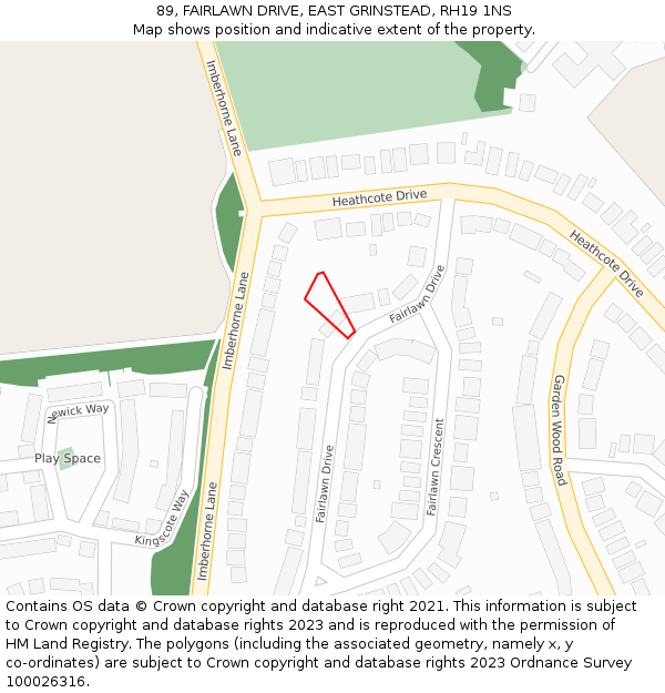 89, FAIRLAWN DRIVE, EAST GRINSTEAD, RH19 1NS: Location map and indicative extent of plot