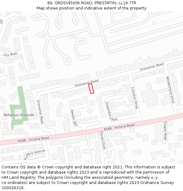 89, GROSVENOR ROAD, PRESTATYN, LL19 7TR: Location map and indicative extent of plot