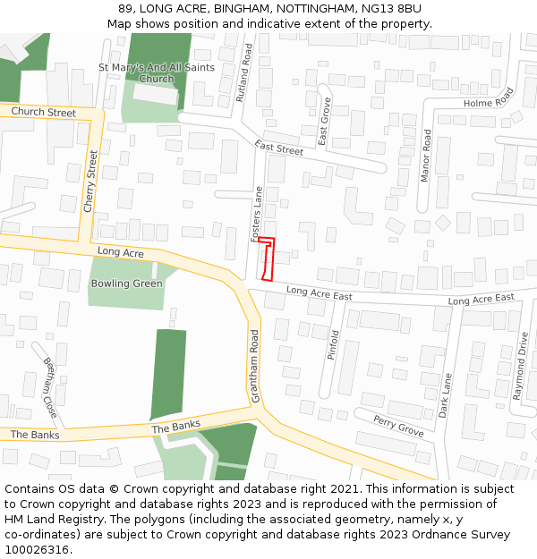 89, LONG ACRE, BINGHAM, NOTTINGHAM, NG13 8BU: Location map and indicative extent of plot