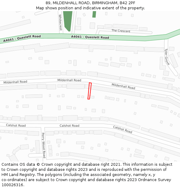 89, MILDENHALL ROAD, BIRMINGHAM, B42 2PF: Location map and indicative extent of plot