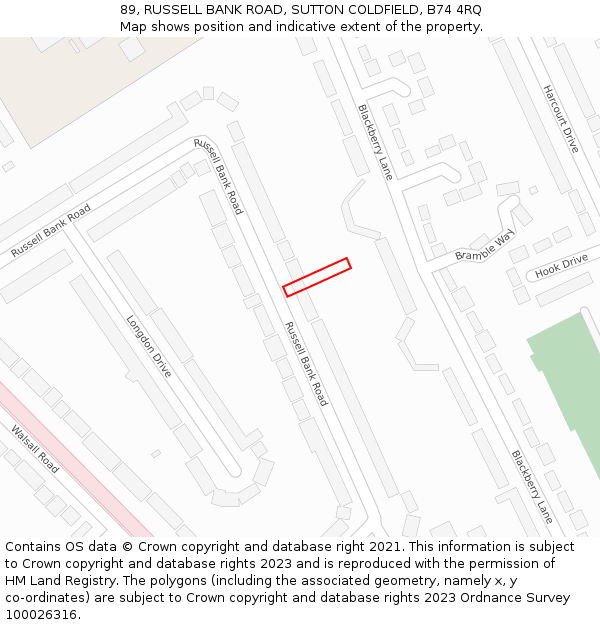 89, RUSSELL BANK ROAD, SUTTON COLDFIELD, B74 4RQ: Location map and indicative extent of plot