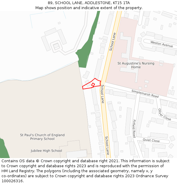 89, SCHOOL LANE, ADDLESTONE, KT15 1TA: Location map and indicative extent of plot