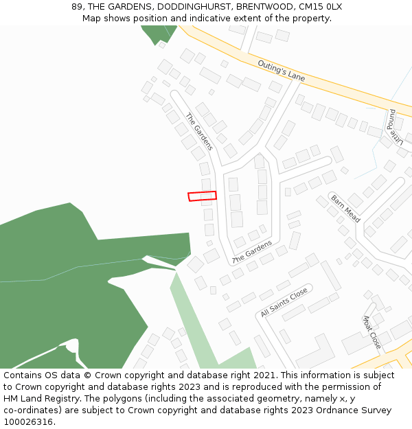 89, THE GARDENS, DODDINGHURST, BRENTWOOD, CM15 0LX: Location map and indicative extent of plot