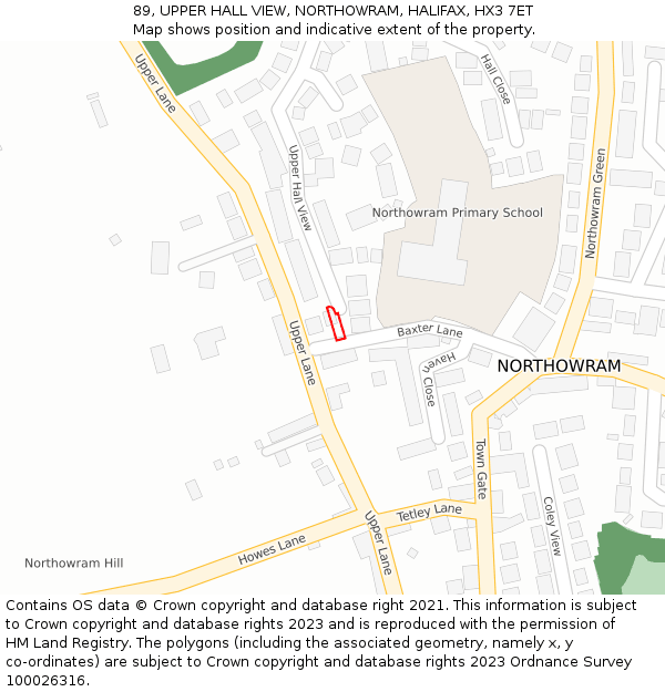 89, UPPER HALL VIEW, NORTHOWRAM, HALIFAX, HX3 7ET: Location map and indicative extent of plot