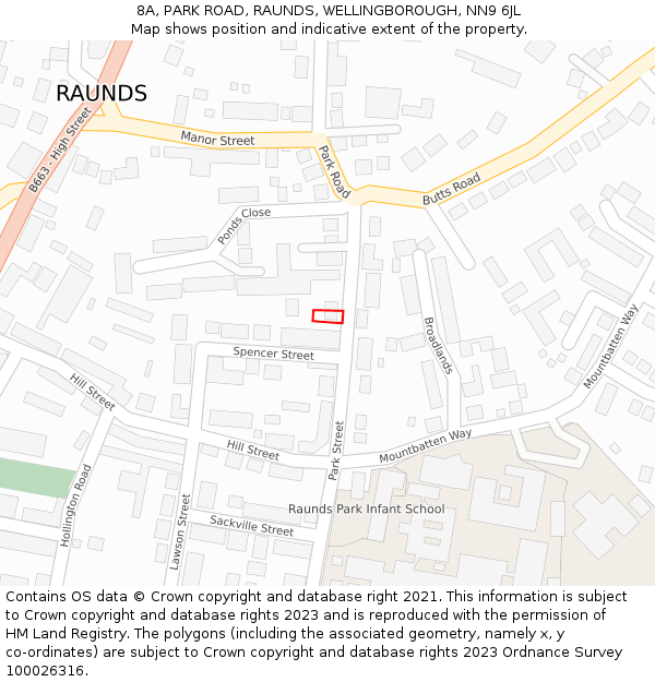 8A, PARK ROAD, RAUNDS, WELLINGBOROUGH, NN9 6JL: Location map and indicative extent of plot