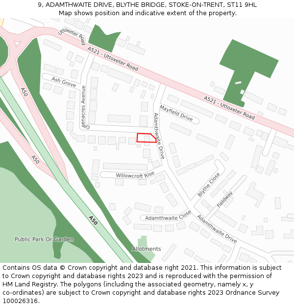 9, ADAMTHWAITE DRIVE, BLYTHE BRIDGE, STOKE-ON-TRENT, ST11 9HL: Location map and indicative extent of plot