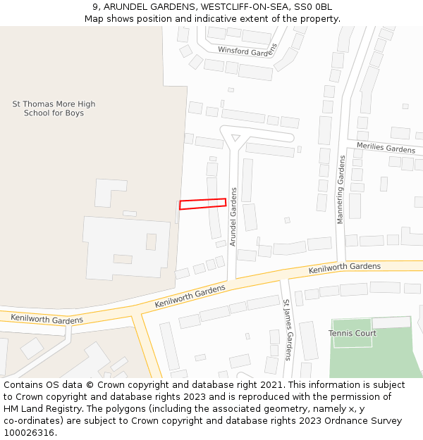 9, ARUNDEL GARDENS, WESTCLIFF-ON-SEA, SS0 0BL: Location map and indicative extent of plot