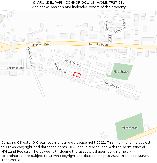 9, ARUNDEL PARK, CONNOR DOWNS, HAYLE, TR27 5EL: Location map and indicative extent of plot