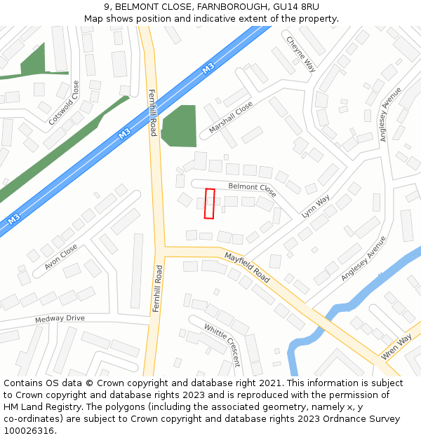 9, BELMONT CLOSE, FARNBOROUGH, GU14 8RU: Location map and indicative extent of plot