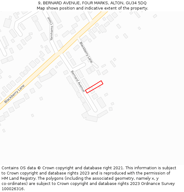 9, BERNARD AVENUE, FOUR MARKS, ALTON, GU34 5DQ: Location map and indicative extent of plot