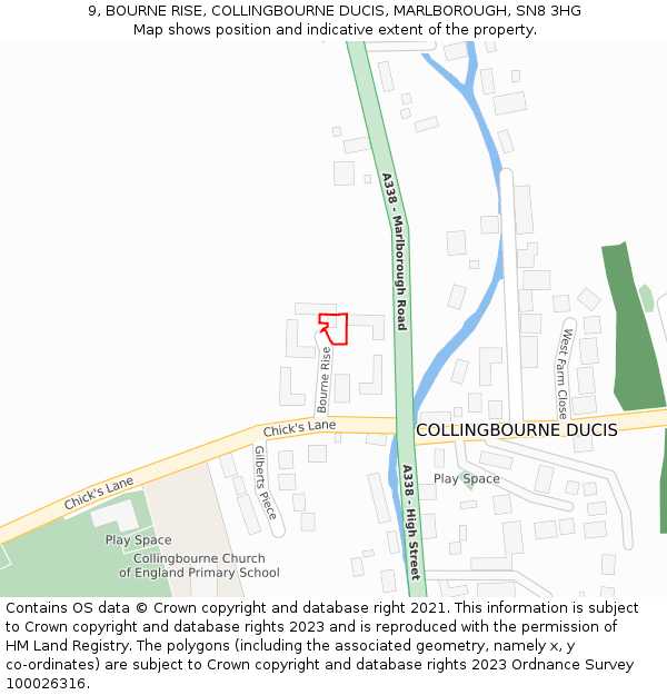 9, BOURNE RISE, COLLINGBOURNE DUCIS, MARLBOROUGH, SN8 3HG: Location map and indicative extent of plot