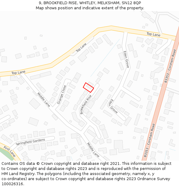 9, BROOKFIELD RISE, WHITLEY, MELKSHAM, SN12 8QP: Location map and indicative extent of plot