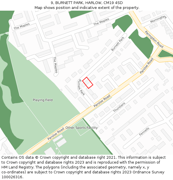 9, BURNETT PARK, HARLOW, CM19 4SD: Location map and indicative extent of plot