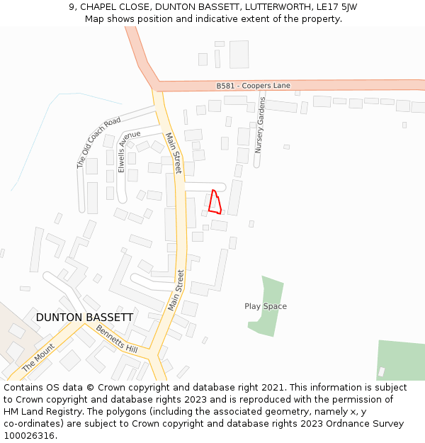 9, CHAPEL CLOSE, DUNTON BASSETT, LUTTERWORTH, LE17 5JW: Location map and indicative extent of plot