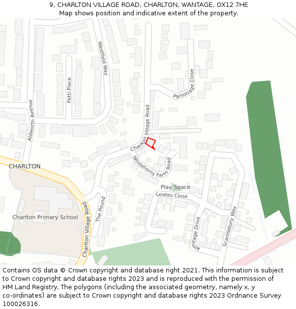 9, CHARLTON VILLAGE ROAD, CHARLTON, WANTAGE, OX12 7HE: Location map and indicative extent of plot