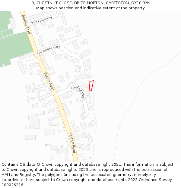 9, CHESTNUT CLOSE, BRIZE NORTON, CARTERTON, OX18 3YN: Location map and indicative extent of plot