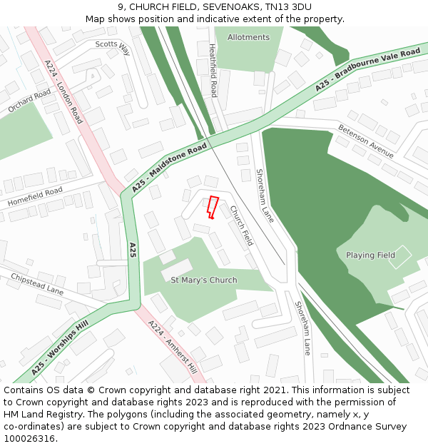 9, CHURCH FIELD, SEVENOAKS, TN13 3DU: Location map and indicative extent of plot