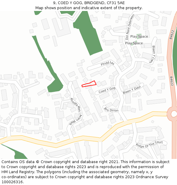 9, COED Y GOG, BRIDGEND, CF31 5AE: Location map and indicative extent of plot