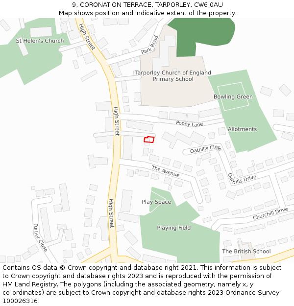 9, CORONATION TERRACE, TARPORLEY, CW6 0AU: Location map and indicative extent of plot