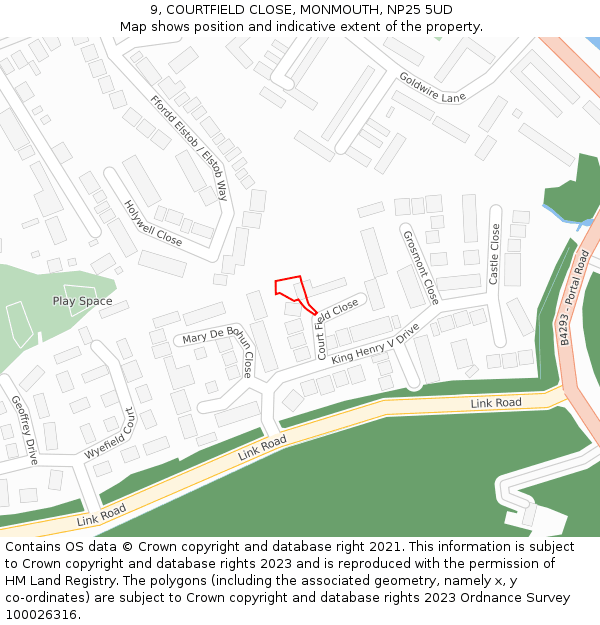 9, COURTFIELD CLOSE, MONMOUTH, NP25 5UD: Location map and indicative extent of plot