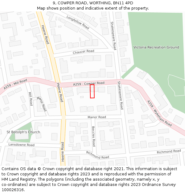 9, COWPER ROAD, WORTHING, BN11 4PD: Location map and indicative extent of plot