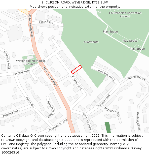 9, CURZON ROAD, WEYBRIDGE, KT13 8UW: Location map and indicative extent of plot