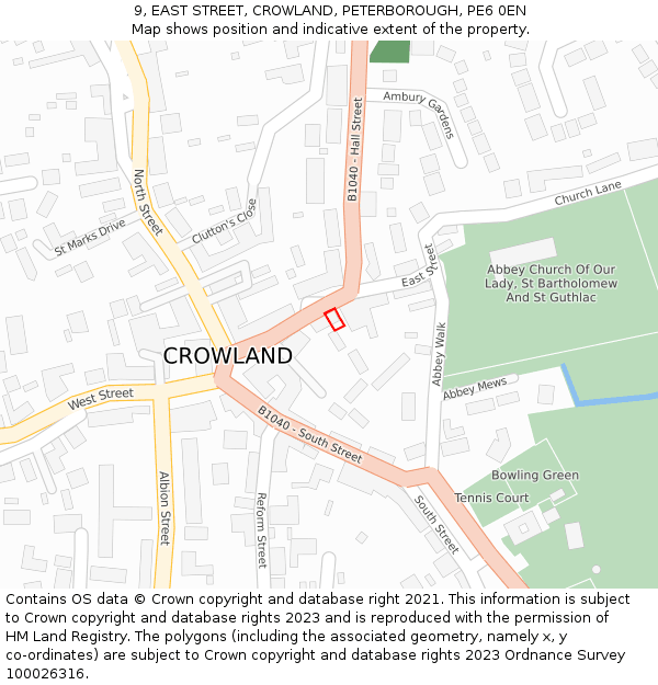9, EAST STREET, CROWLAND, PETERBOROUGH, PE6 0EN: Location map and indicative extent of plot