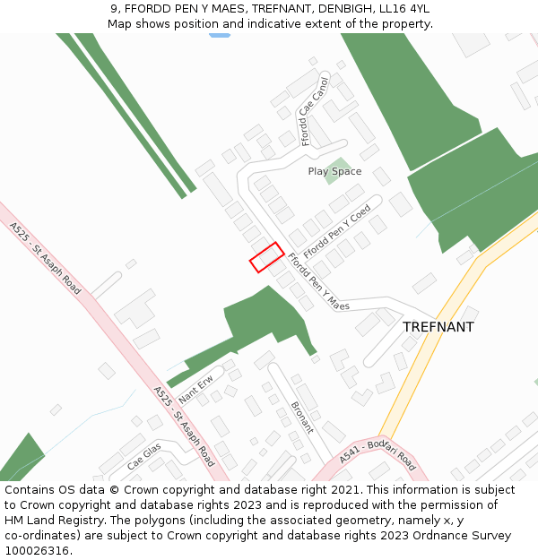 9, FFORDD PEN Y MAES, TREFNANT, DENBIGH, LL16 4YL: Location map and indicative extent of plot