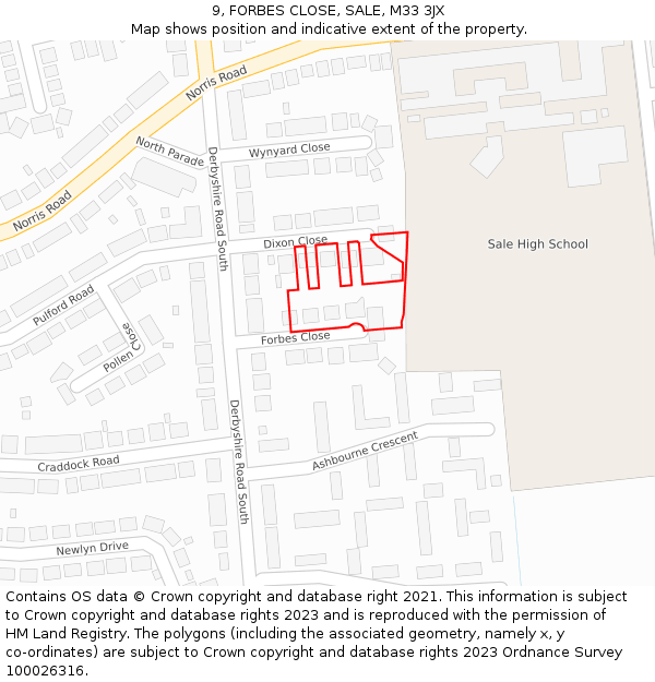 9, FORBES CLOSE, SALE, M33 3JX: Location map and indicative extent of plot