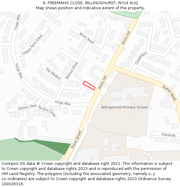 9, FREEMANS CLOSE, BILLINGSHURST, RH14 9UQ: Location map and indicative extent of plot