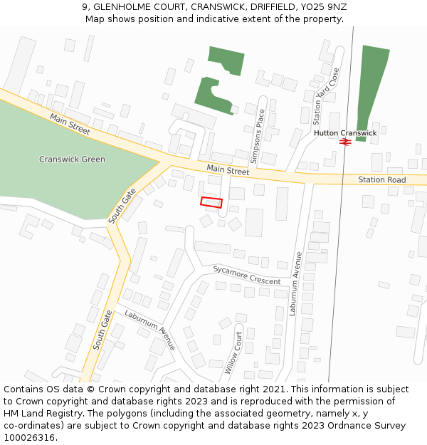 9, GLENHOLME COURT, CRANSWICK, DRIFFIELD, YO25 9NZ: Location map and indicative extent of plot