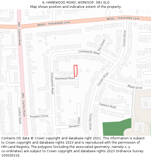 9, HAREWOOD ROAD, WORKSOP, S81 0LG: Location map and indicative extent of plot