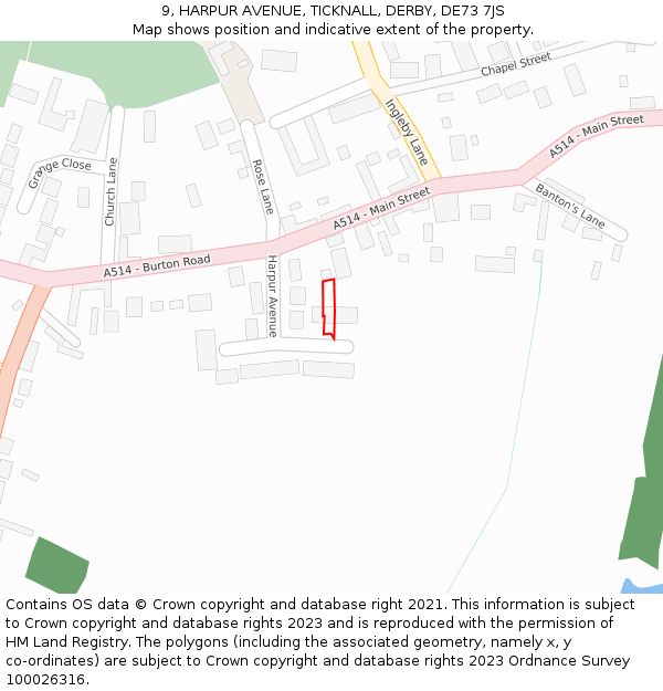 9, HARPUR AVENUE, TICKNALL, DERBY, DE73 7JS: Location map and indicative extent of plot