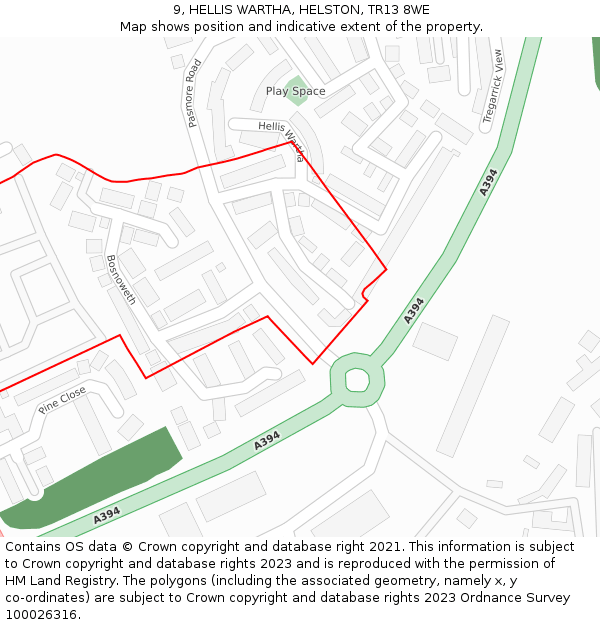 9, HELLIS WARTHA, HELSTON, TR13 8WE: Location map and indicative extent of plot